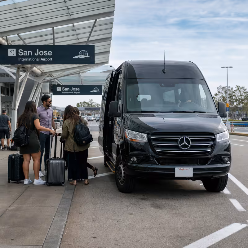Group boarding a white charter bus for Airport Transportation transportation in San Jose