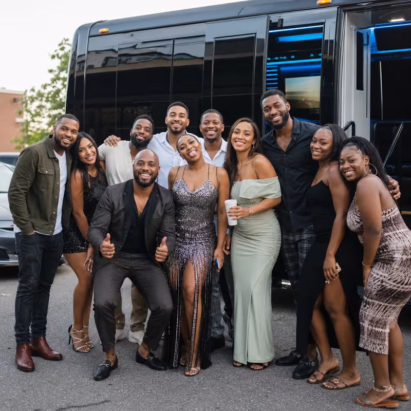 Party bus interior with wraparound leather seating and LED lighting in San Jose