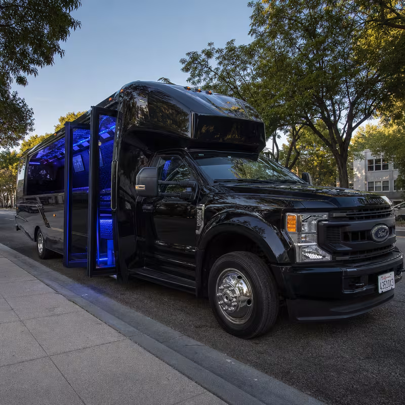 Party bus interior with wraparound leather seating and LED lighting in San Jose