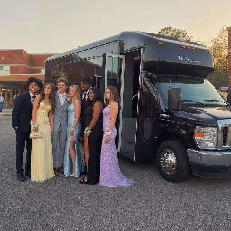 Group boarding a white charter bus for Prom & Homecoming Transportation transportation in San Jose