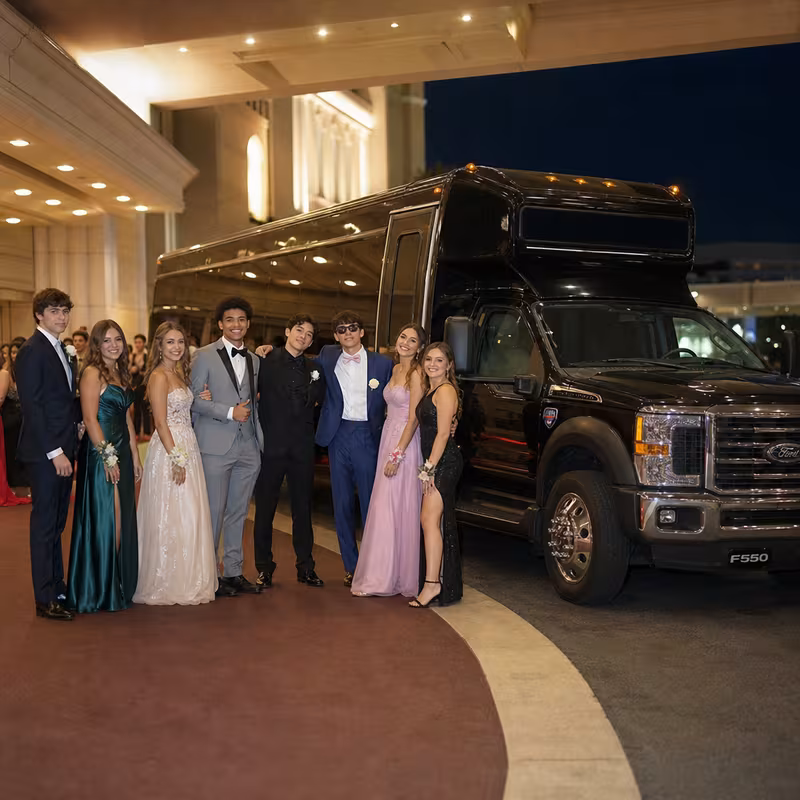Party bus interior with wraparound leather seating and LED lighting in San Jose