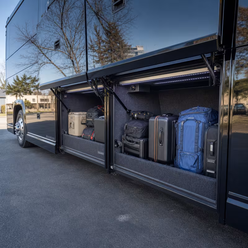 Party bus interior with wraparound leather seating and LED lighting in San Jose